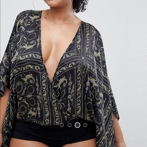 Flounce London plus wrap front bodysuit with kimono sleeve